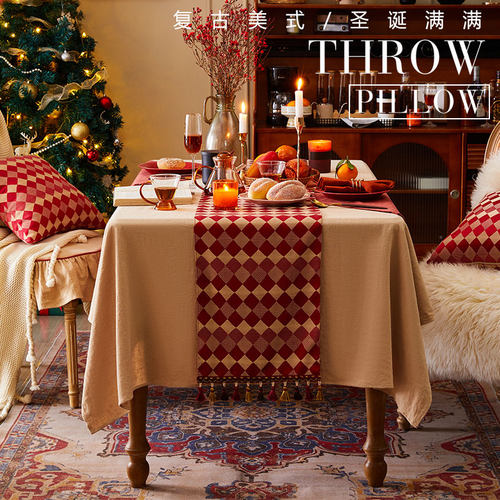 红色圣诞新年桌旗格子喜庆桌布美式轻奢高级感复古餐桌茶几盖布