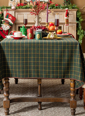 圣诞节绿色格子桌布氛围感装饰布拍照背景布羊毛餐桌布茶几布台布