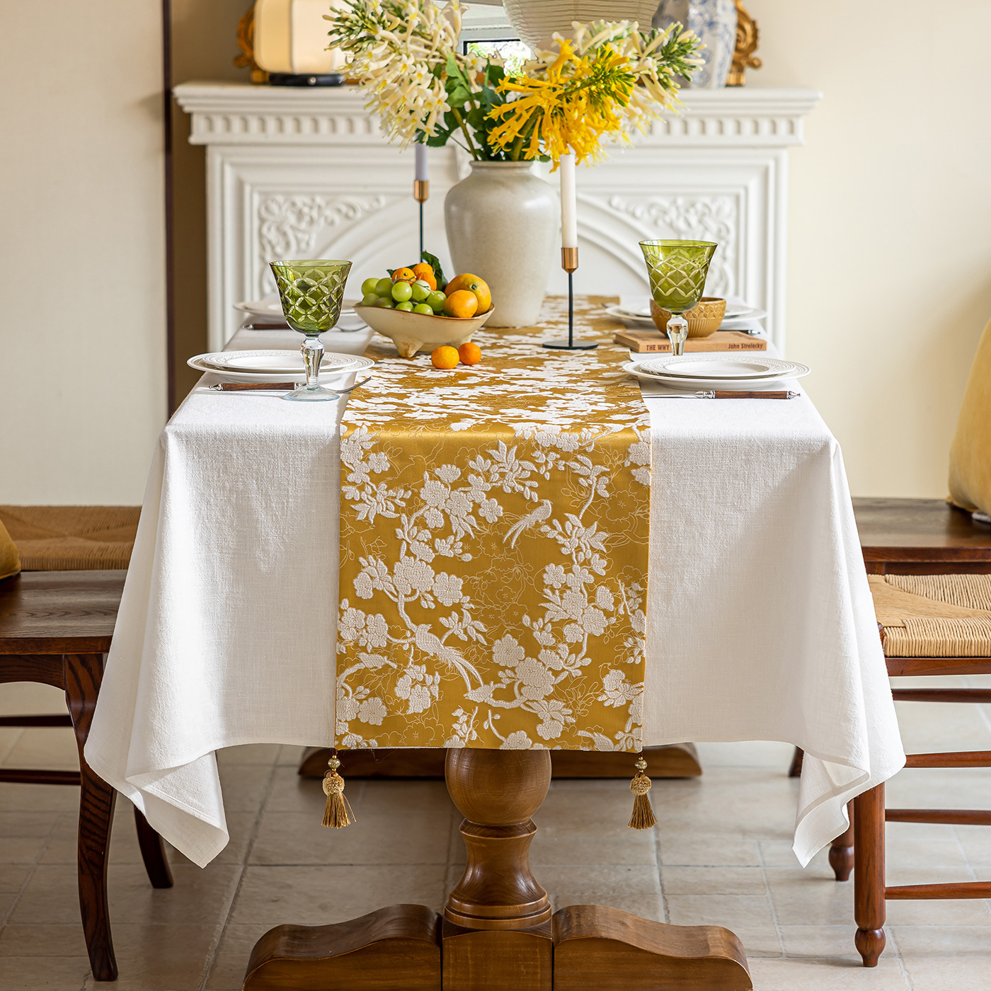 复古美式高级感美式法式立体刺绣流苏餐桌玄关电视柜新中式桌旗