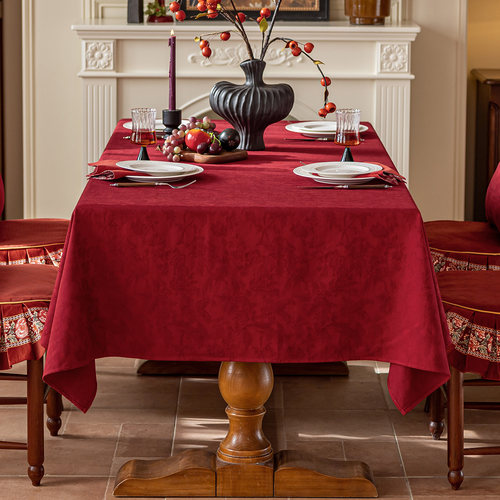 美式复古红色新年桌布新复古立体提花氛围感餐桌长方形茶几布定制
