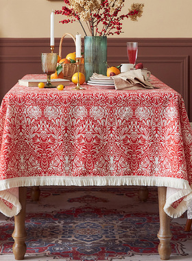 美式红色桌布 复古长方形轻奢高级感新年防水防油免洗茶几盖布