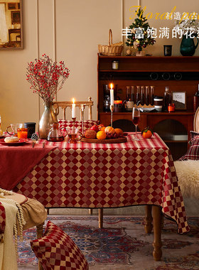 圣诞桌布过年喜庆红色长方形防水餐桌布圣诞风茶几台布棉麻桌面布