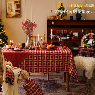 圣诞桌布过年喜庆红色长方形防水餐桌布圣诞风茶几台布棉麻桌面布