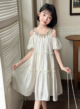 女童连衣裙夏季2026新款洋气挂脖白色吊带裙女孩大童儿童好看裙子