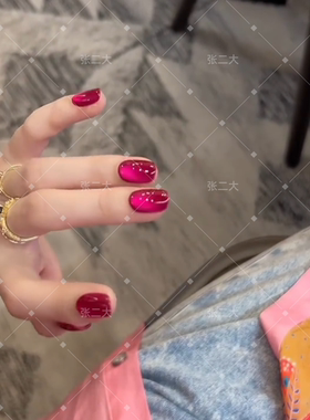 【冰玫瑰】纯手工玫红红色猫眼短短甲爆闪紫色夏日时尚温柔穿戴甲