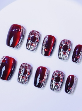 【野玫瑰】纯手工红色猫眼布契拉提穿戴甲酒红色气质女神美甲