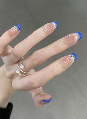 【克莱因】纯手工蓝色穿戴甲短款显白猫眼气质法式指甲贴片爆闪
