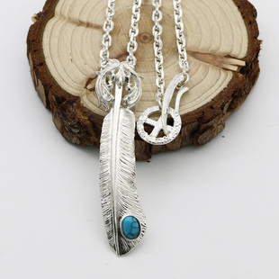 潮流白银吊坠松石羽毛挂饰项链 男日韩街头时尚个性纯银毛衣链女