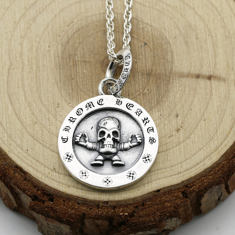日韩朋克风纯银骷髅头钱币吊牌吊坠女毛衣链挂件学生个性项链个性