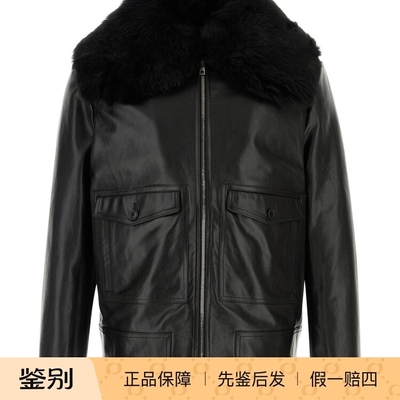 DOLCE GABBANA 男士黑色阔毛领DG皮衣夹克2025秋冬新款意大利代购