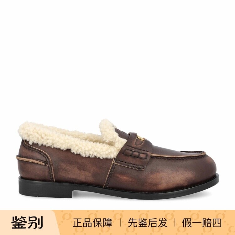 MIU MIU 缪缪 女士深棕色金币毛里乐福鞋 26早春新款  意大利代购