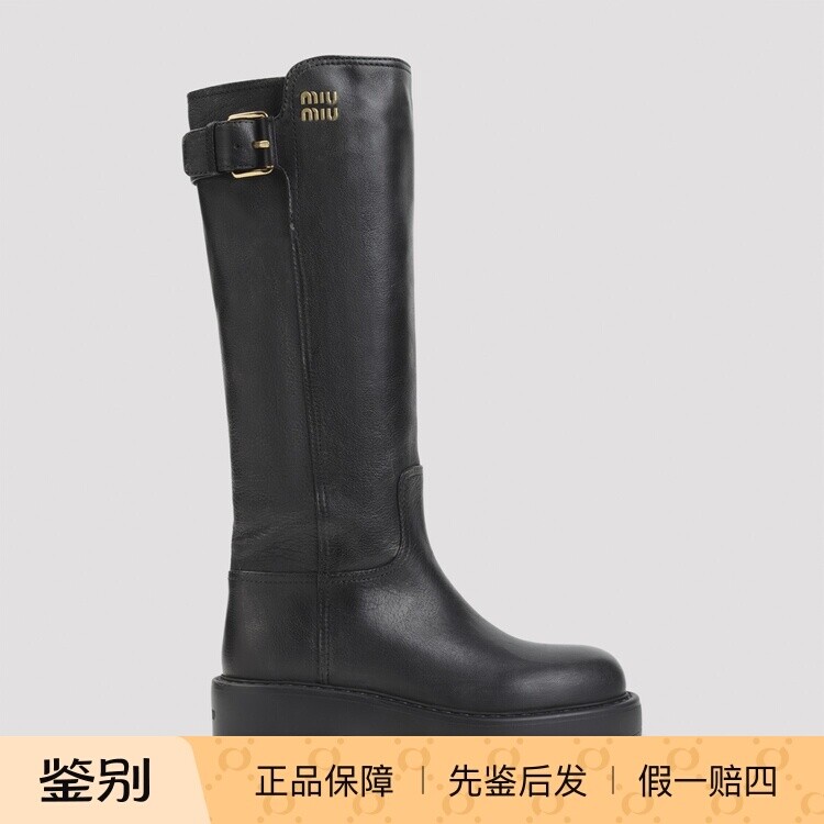 MIU MIU 缪缪 女士黑色做旧感长筒皮靴 26秋冬新款意大利代购正品