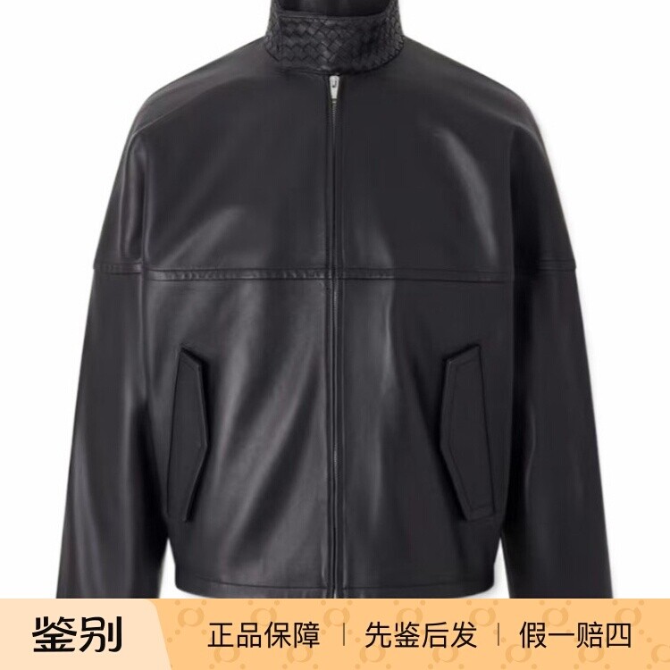 BOTTEGA VENETA 男士黑色编织领BV皮衣 26早春新款意大利代购正品