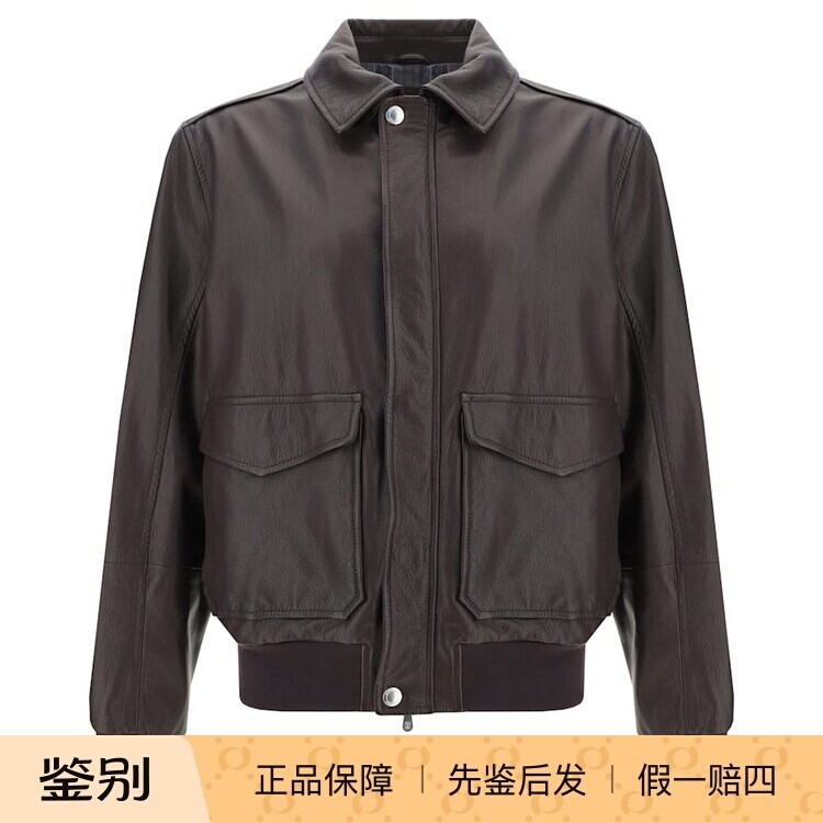 Brunello Cucinelli男士棕色翻领拉链真皮bc皮衣26早春意大利代购