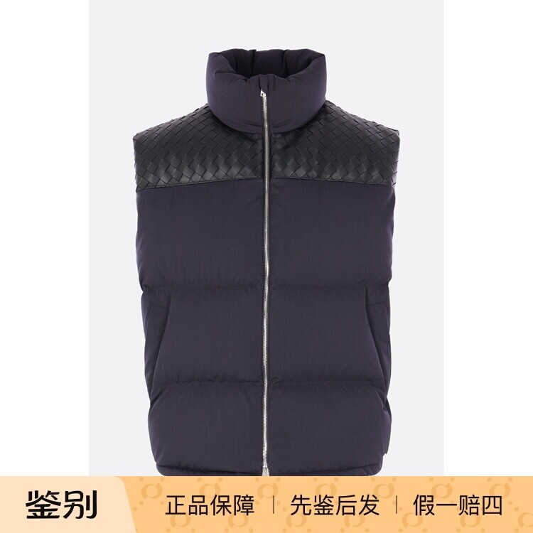 BOTTEGA VENETA男士蓝色皮饰细节BV羽绒马甲25秋冬新款意大利代购