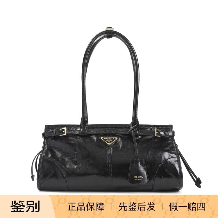 PRADA 普拉达女士bonnie中号亮面真皮黑手包26早秋新款意大利代购