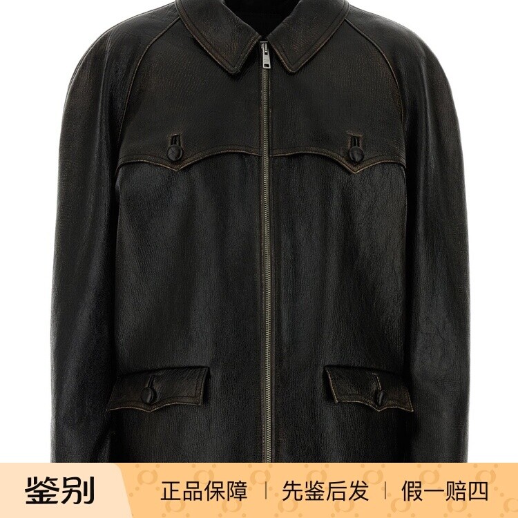 PRADA 普拉达女士黑色做旧翻领皮衣 2026早春新款意大利代购 正品