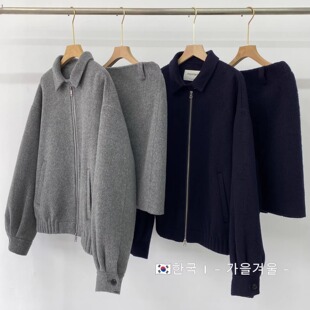 2025韩国东大门秋冬新款羊毛大衣短款韩系宽松显瘦短裙套装棒球服