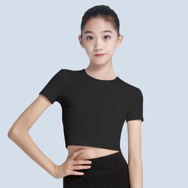 柏屋儿童舞蹈练功服女现代舞上衣女短袖t恤短款露脐小圆领罗纹