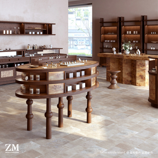 中岛香氛精油展示台头疗会所展示架高级感陈列台实木球形腿树瘤纹