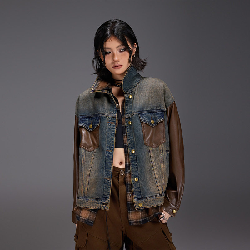 拓谷潮牌复古牛仔外套女PU皮衣拼接宽松休闲上衣刺绣字母翻领夹克