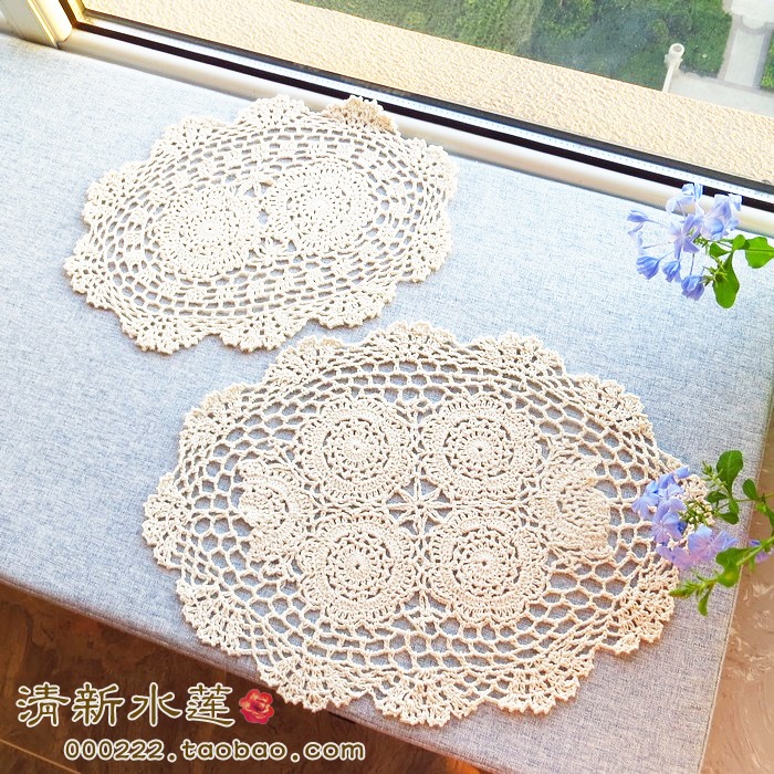 手工钩针花餐垫 纯棉编织怀旧复古田园拍摄道具 椭圆装饰桌垫米白