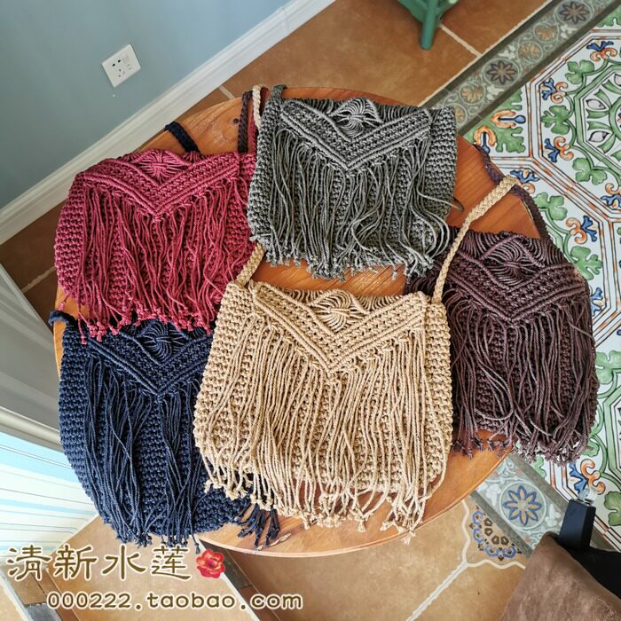 清新水莲钩花钩织纯棉线粗线手工编织流苏斜挎包女包单肩包包夏季