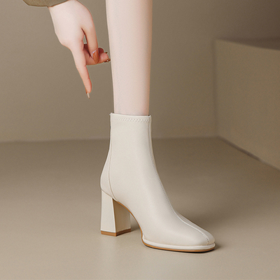 真皮马丁靴女白色2024新款春秋单靴英伦风短靴小个子高跟粗跟靴子