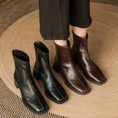 方头高跟鞋 马丁靴女2025秋冬季 新款 加绒粗跟气质小短靴弹力瘦瘦靴