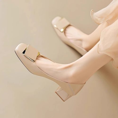 牛皮浅口单鞋女2026夏季新款粗跟高跟鞋方头黑色职业工作鞋大码41