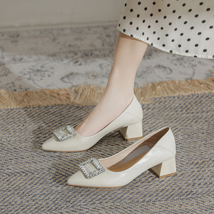 牛皮~高跟鞋女气质高级不累脚2025夏季新款粗跟尖头浅口时装单鞋