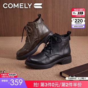 康莉牛皮经典款马丁靴女款2026新款冬季厚底粗跟复古黑色真皮短靴