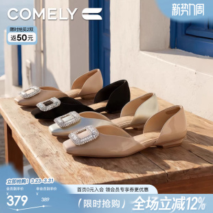 康莉真皮水钻方扣低跟单鞋女2026年春夏新款平底百搭气质中空凉鞋