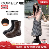 康莉西部牛仔靴厚底短靴女冬季 新款 美拉德棕色加绒机车靴马丁靴子