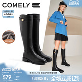 康莉真皮长筒靴女秋冬圆头粗跟头层牛皮小个子过膝黑色靴子21866B