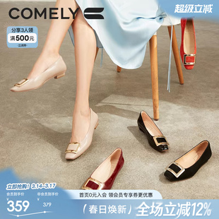 康莉粗跟单鞋女春季新款方扣漆皮气质百搭平底鞋舒适通勤女鞋黑色