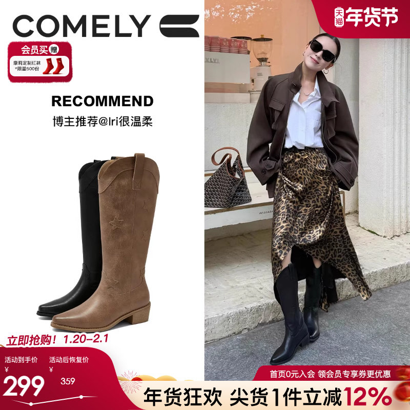 康莉V口复古长筒靴2025年冬季新款粗跟尖头显瘦西部牛仔靴骑士靴,女鞋,西部靴,淘宝优惠券,粉丝福利购,淘宝优惠卷
