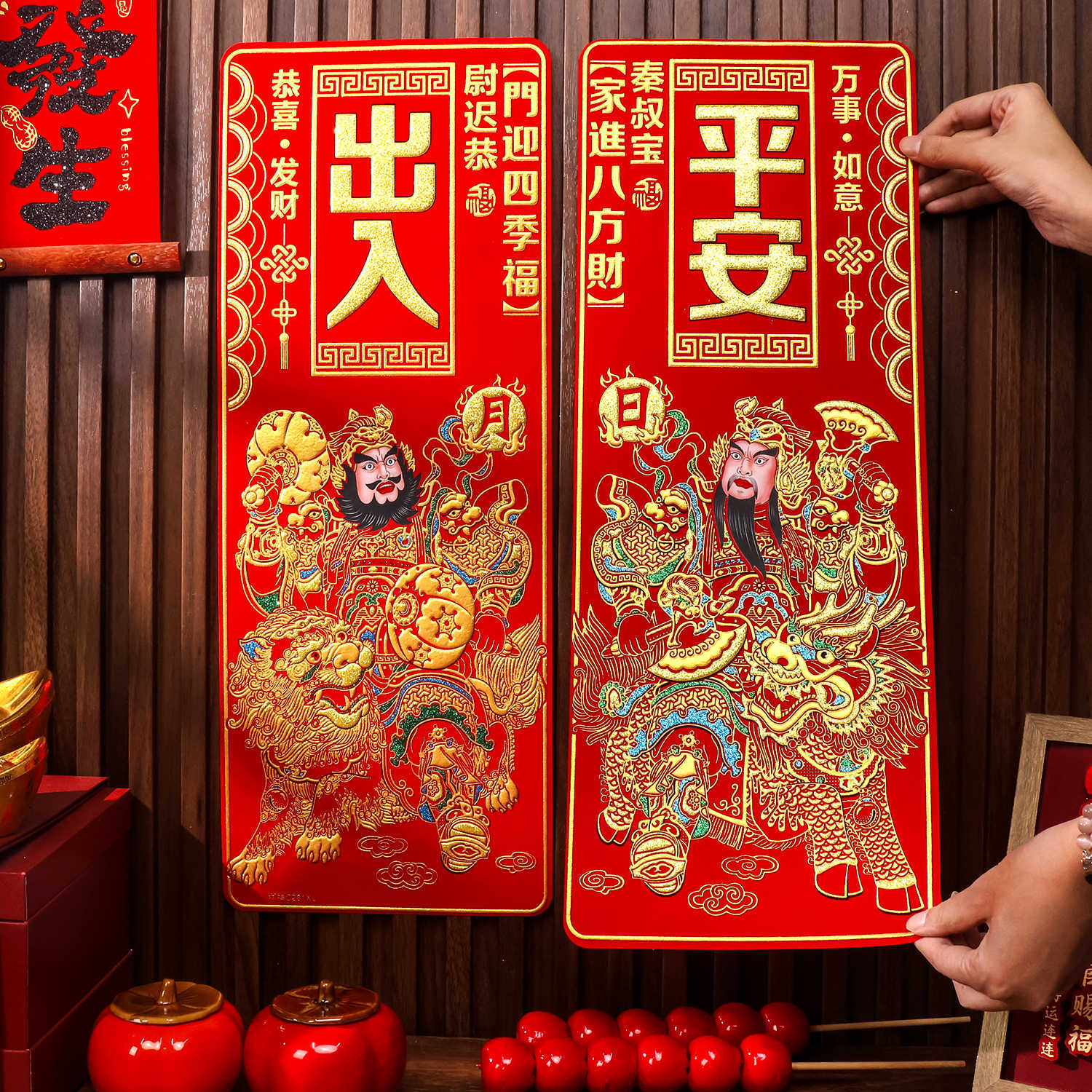 绒布门神贴大门防水单门贴纸壁挂
