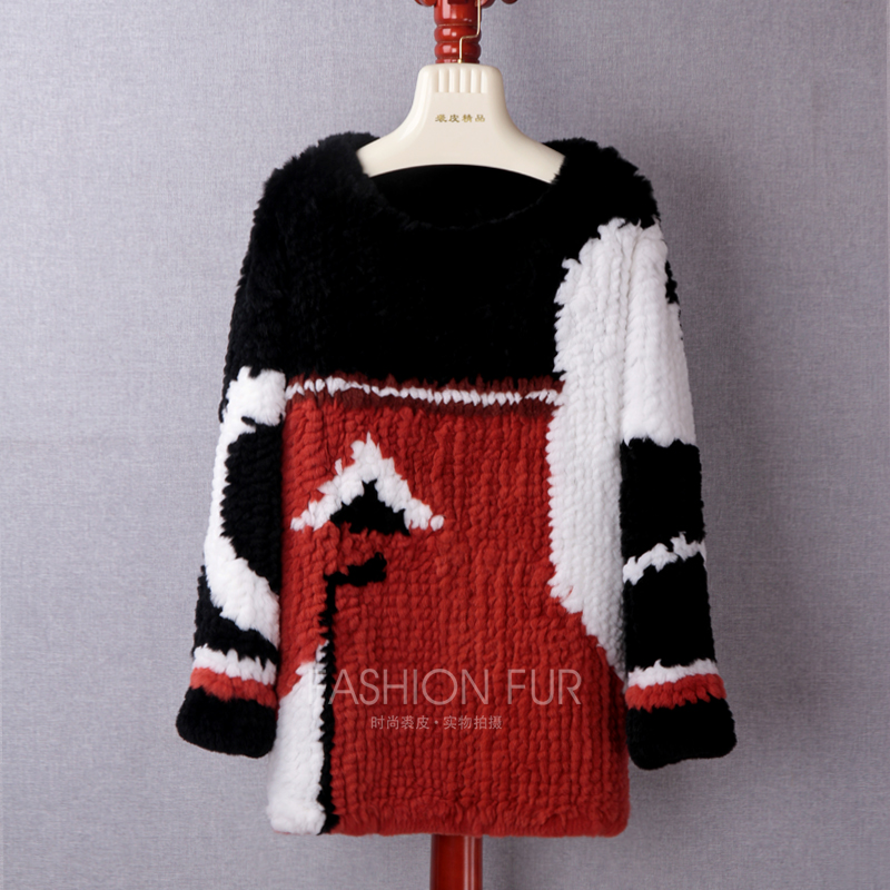 獭兔毛撞色中长款廓形皮草外套