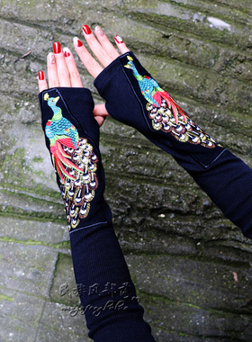 手套漏半指防晒袖套孔雀秋冬保暖