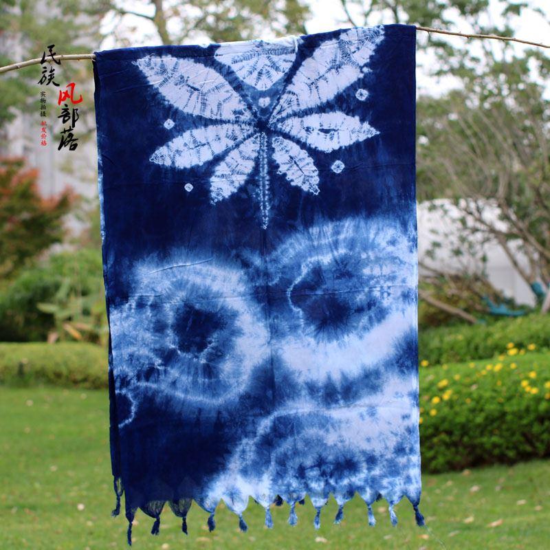 云南大理白族手工扎染扎花围巾蓝染披肩宽棉绸围巾民族风特色送礼