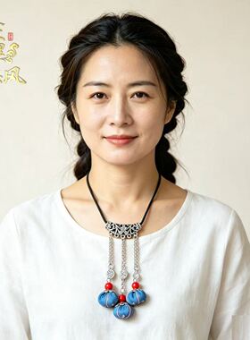 手工蓝染布艺南瓜香囊项链 少数民族风复古银饰长款毛衣链配饰