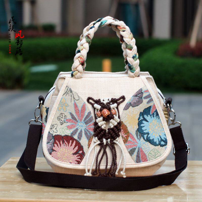 新款云南民族风刺绣手提包女 帆布编织手拎包百搭斜挎小包