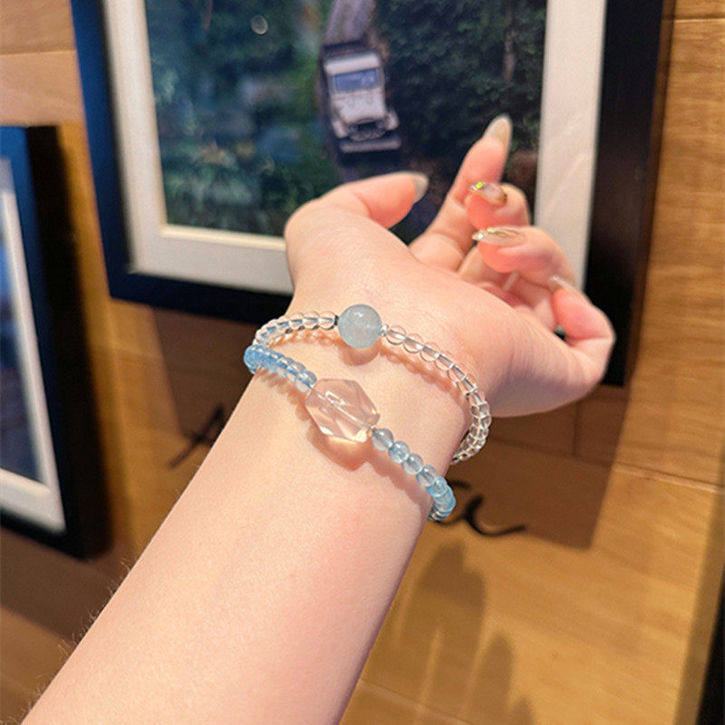 天然白水晶6mm甜美搭配粉晶海蓝宝双圈手链女款叠戴手饰时尚简约