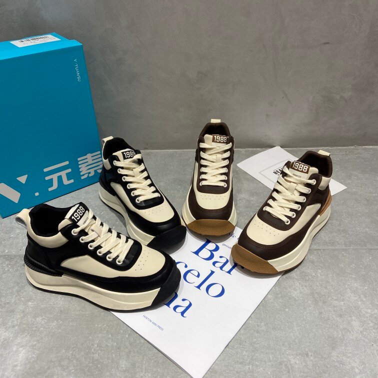 v元素女鞋休闲板鞋高帮牛皮松糕底女鞋2022秋新款百搭厚底增高潮