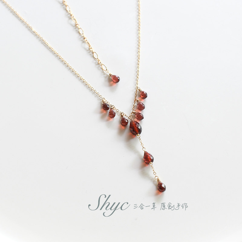 巴洛克珠帘天然酒红石榴石美国进口14k包金注金宫廷古典复古项链