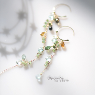 春语三合一草原创绿碧玺海蓝宝14K包金不对称复古汉服流苏耳环新