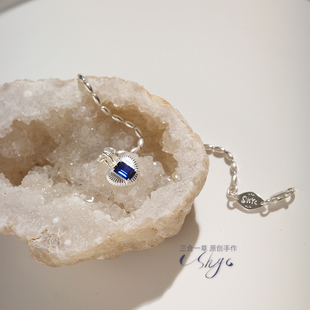 9月生辰石深邃蓝宝石纯银925银简约设计爱心复古幸运手链礼物小众
