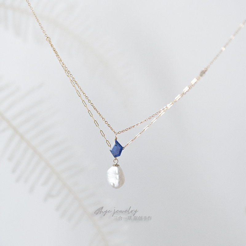9月诞生礼物天然蓝宝石巴洛克珍珠14k注金双层原创小众设计项链