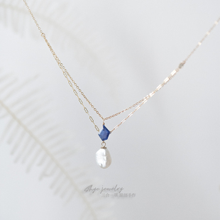 9月诞生礼物天然蓝宝石巴洛克珍珠14k注金双层原创小众设计项链